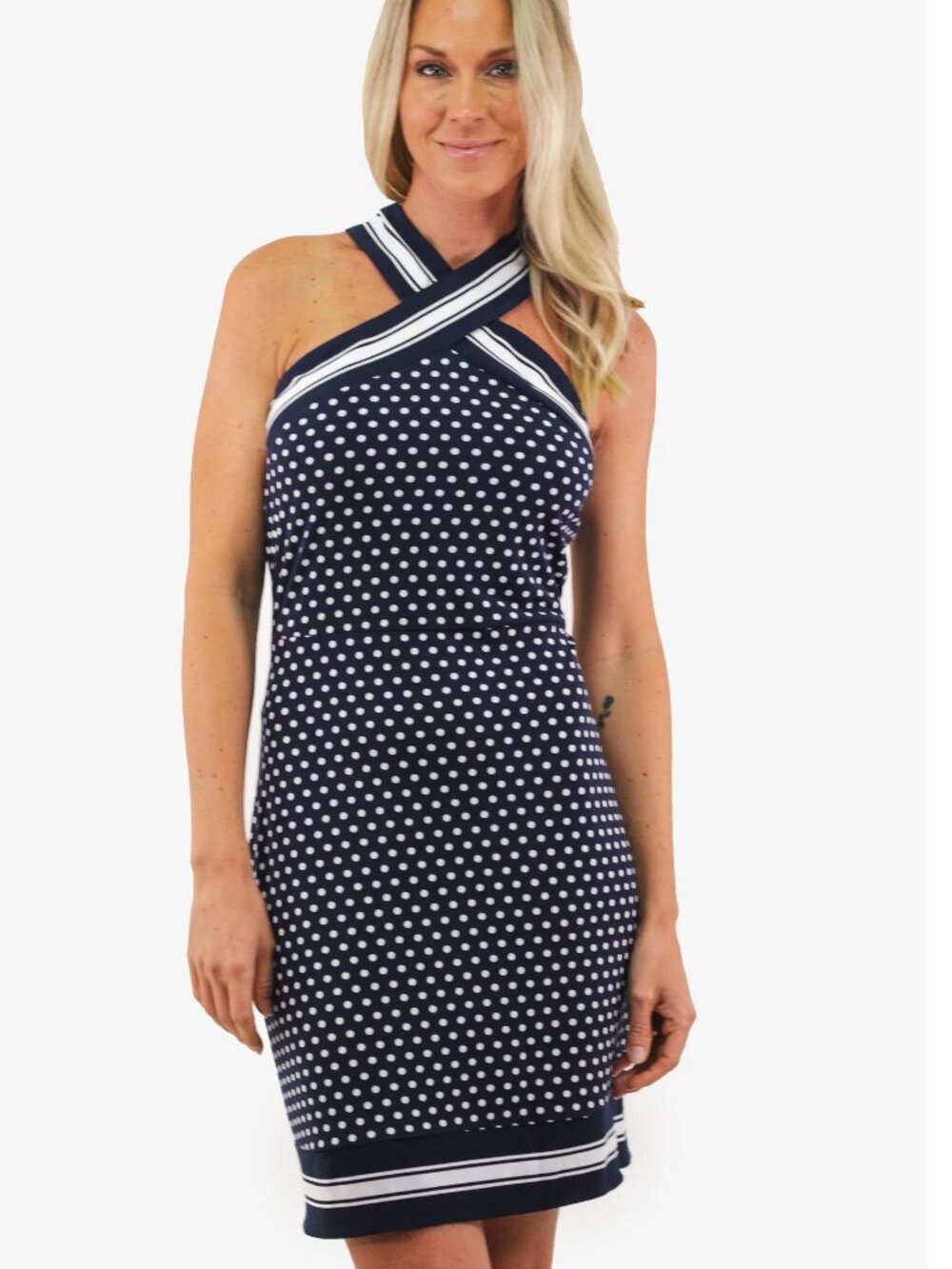 Women's Michael Kors navy blue and white polka-dot halter mini dress Size Medium